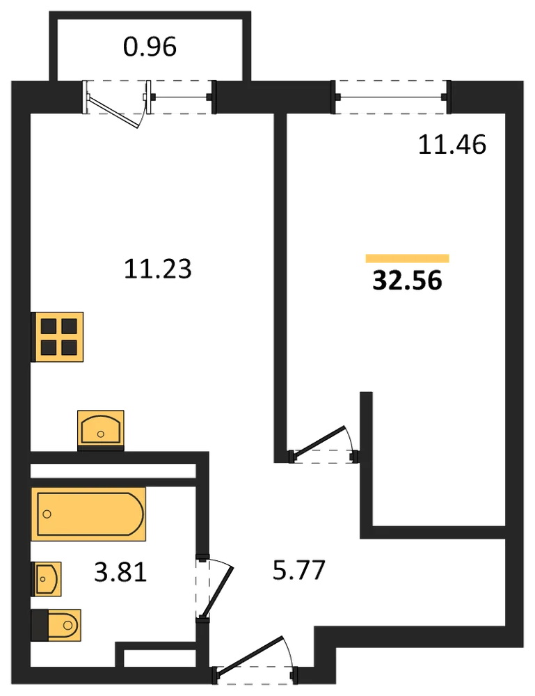 Планировка: 1-комн., 32,6 м²