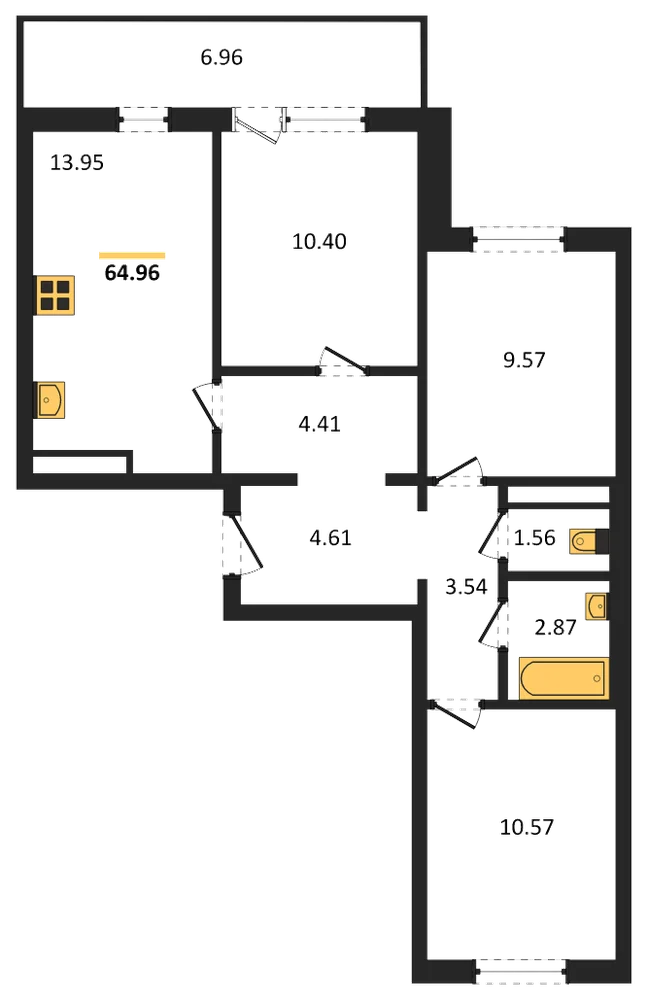 Планировка: 3-комн., 65 м²