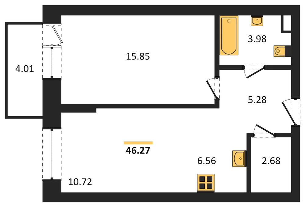 Планировка: 1-комн., 46,3 м²