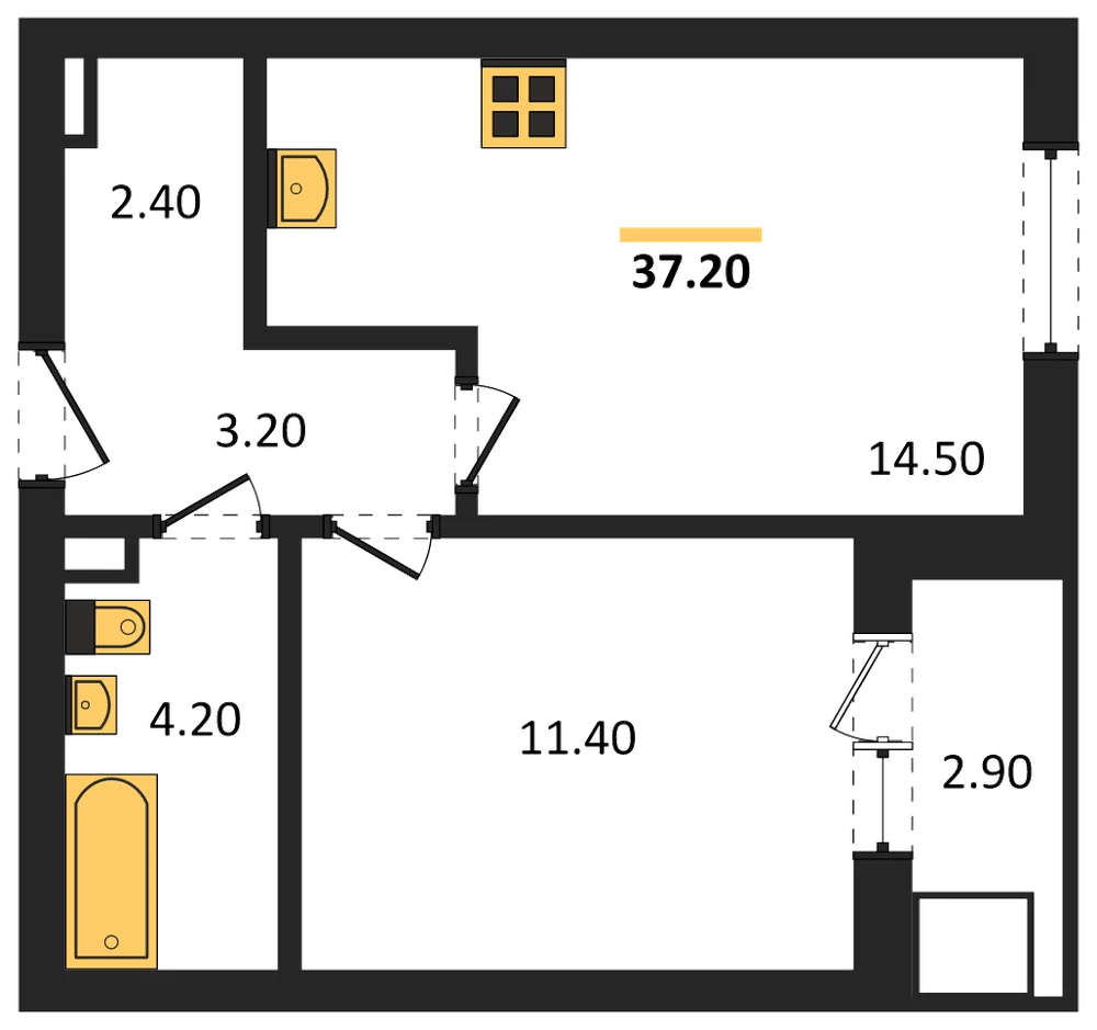 Планировка: 1-комн., 37,2 м²