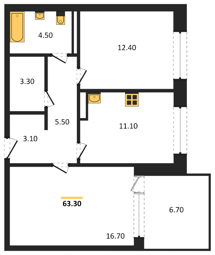 Планировка: 2-комн., 63,3 м²