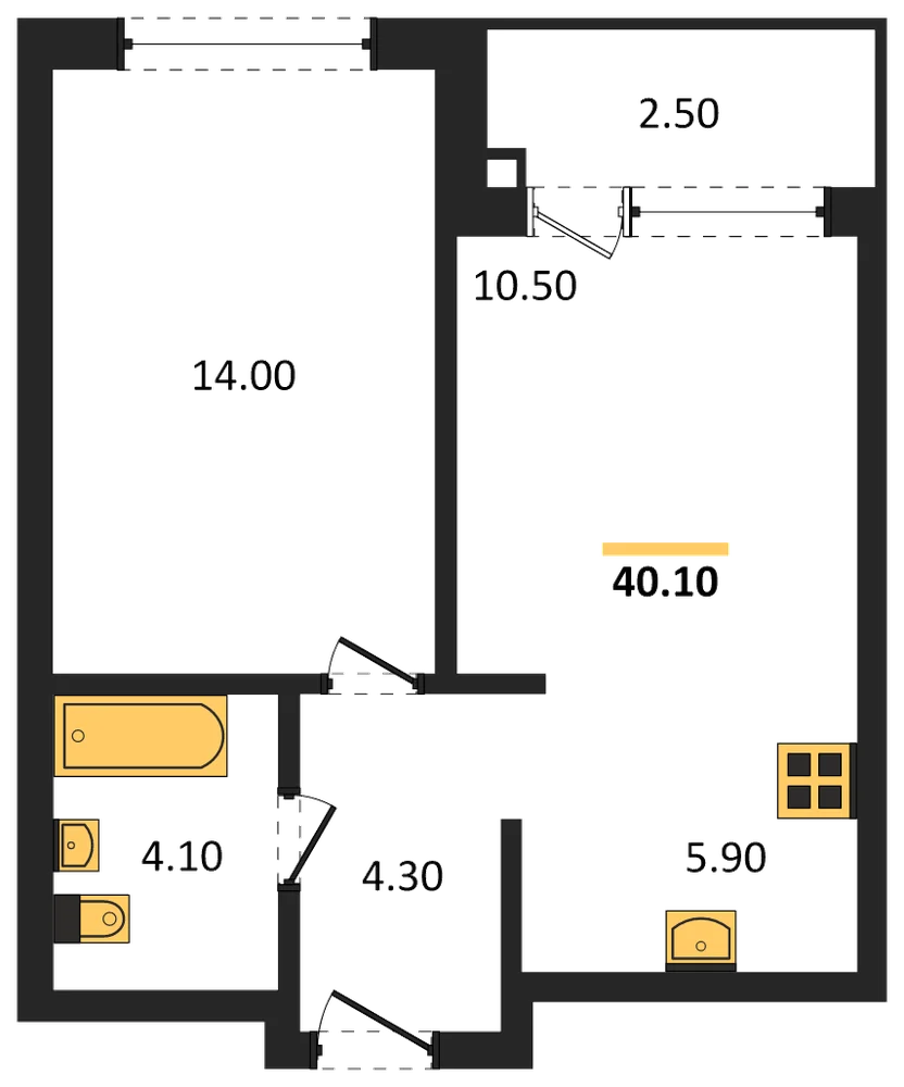 Планировка: 1-комн., 40,1 м²