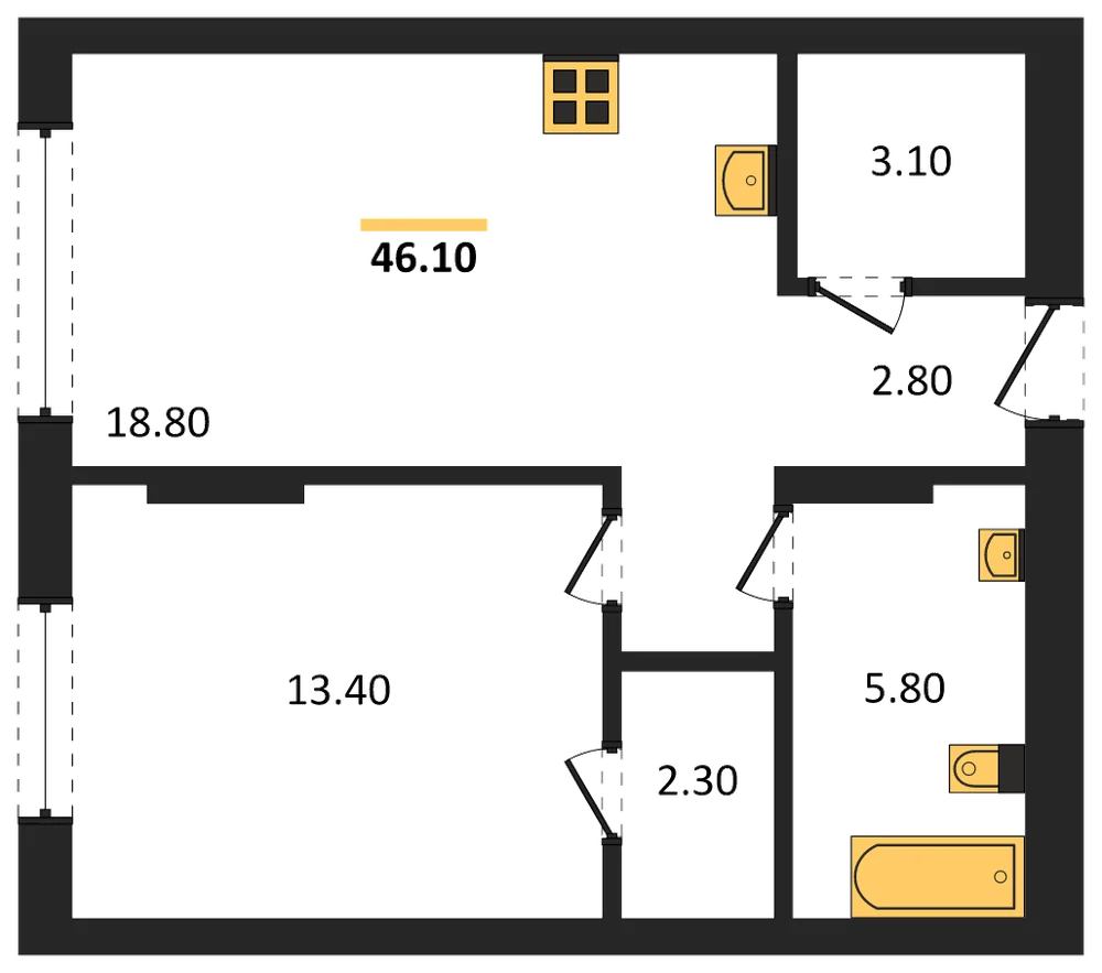 Планировка: 1-комн., 46,1 м²
