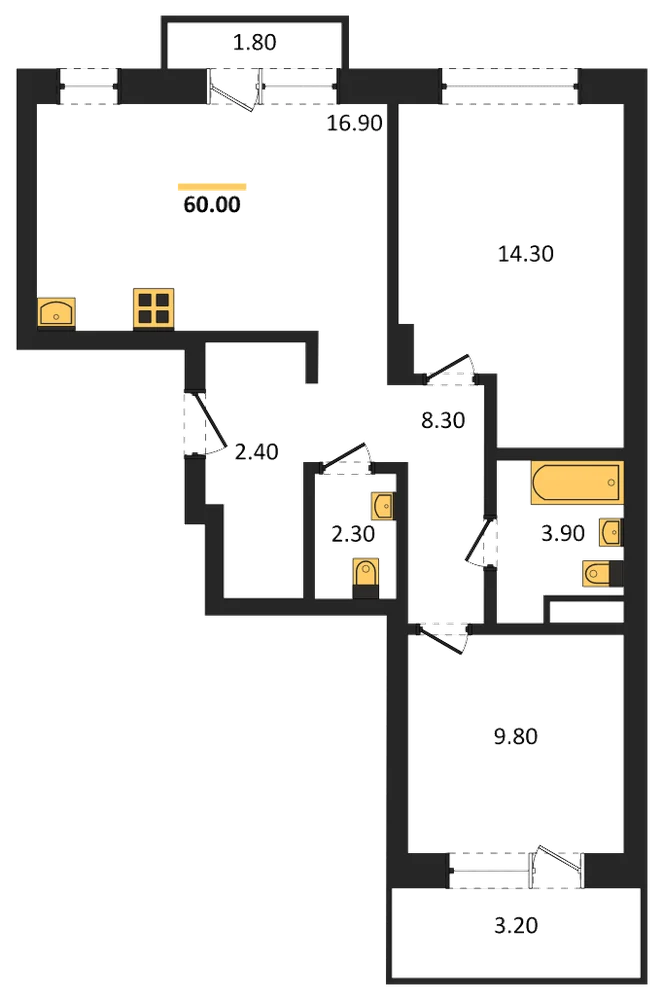 Планировка: 2-комн., 60 м²