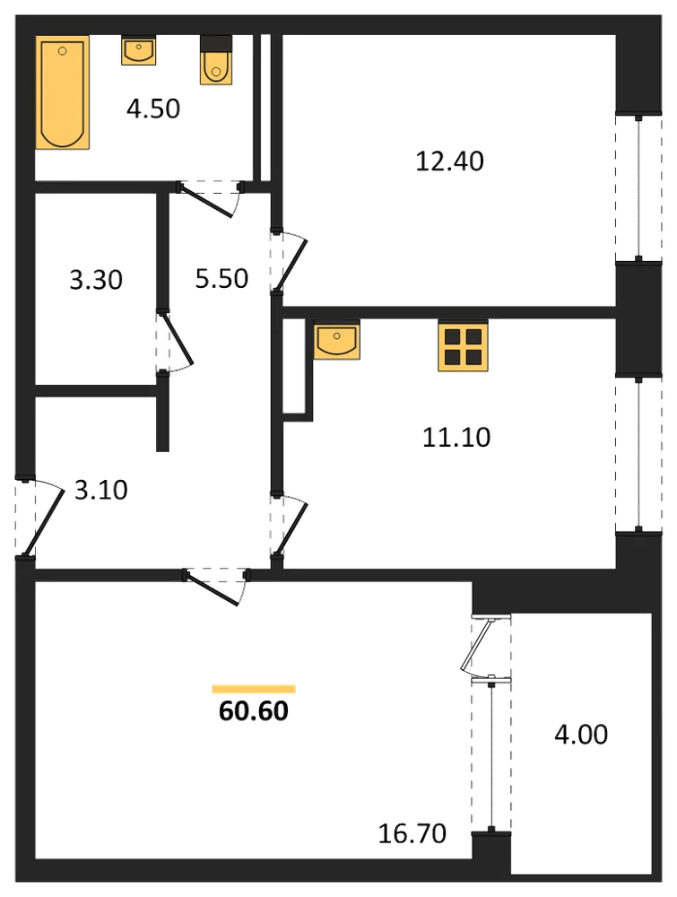 Планировка: 2-комн., 60,6 м²