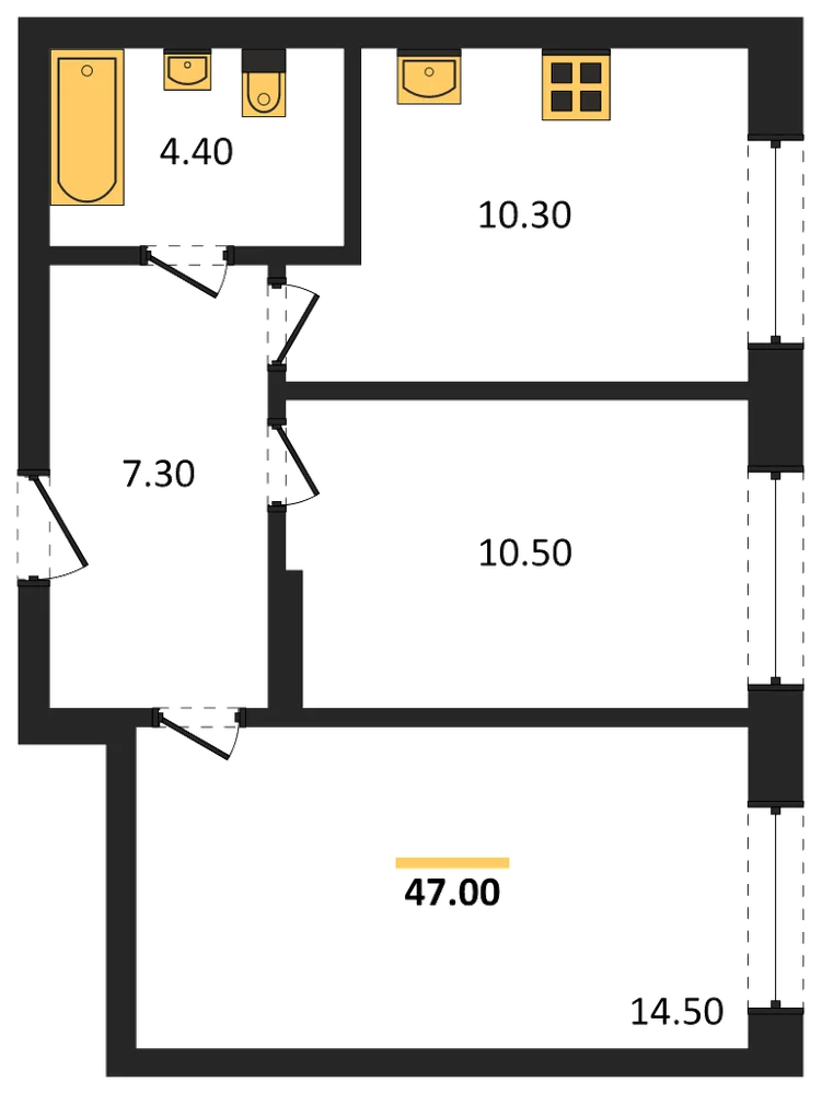 Планировка: 2-комн., 47 м²