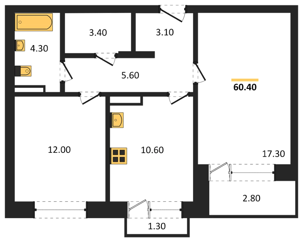 Планировка: 2-комн., 60,4 м²