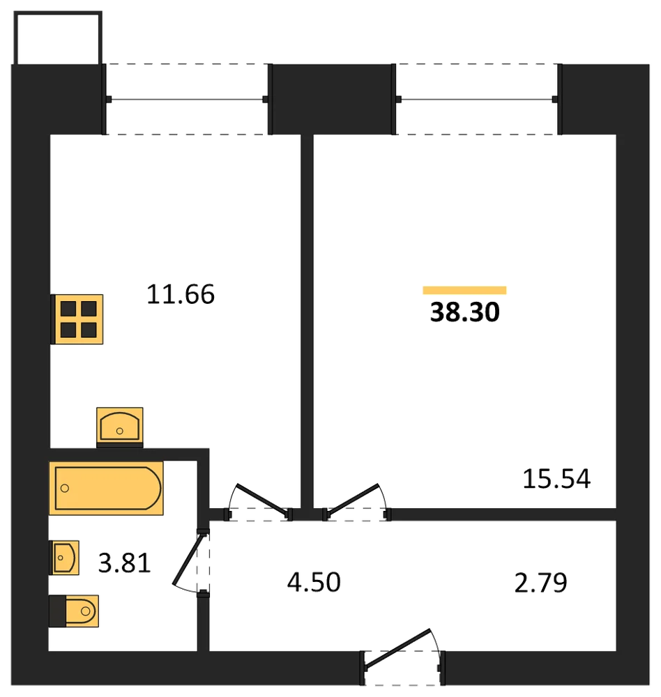 Планировка: 1-комн., 38,3 м²