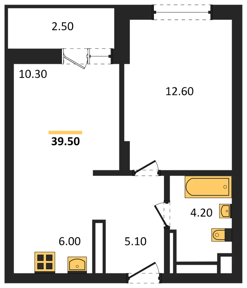 Планировка: 1-комн., 39,5 м²