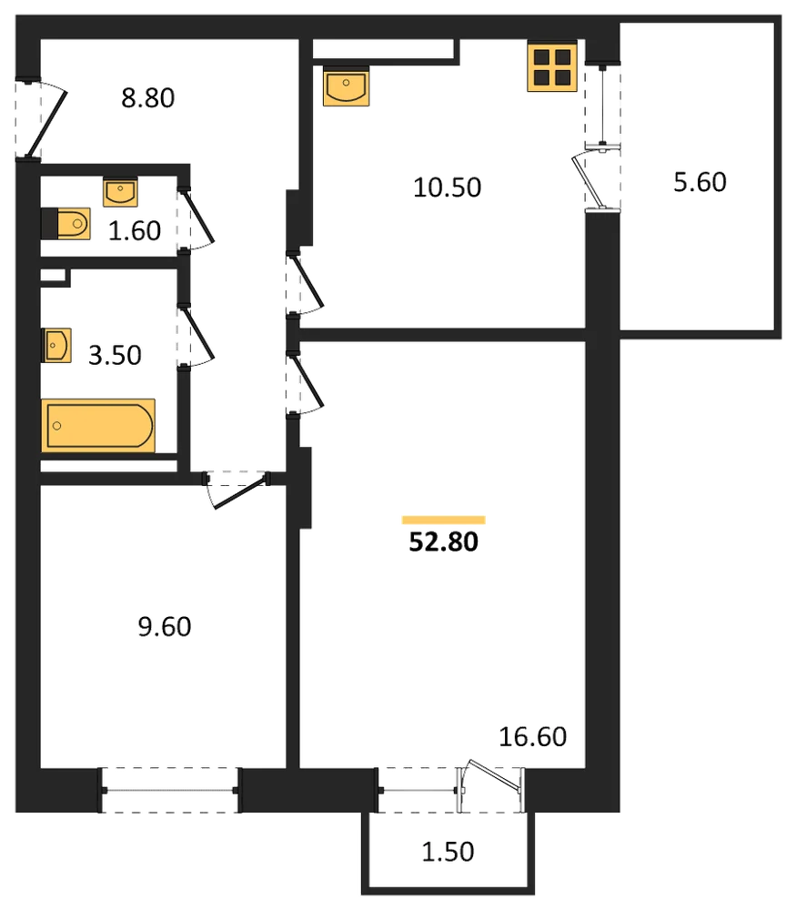 Планировка: 2-комн., 52,8 м²