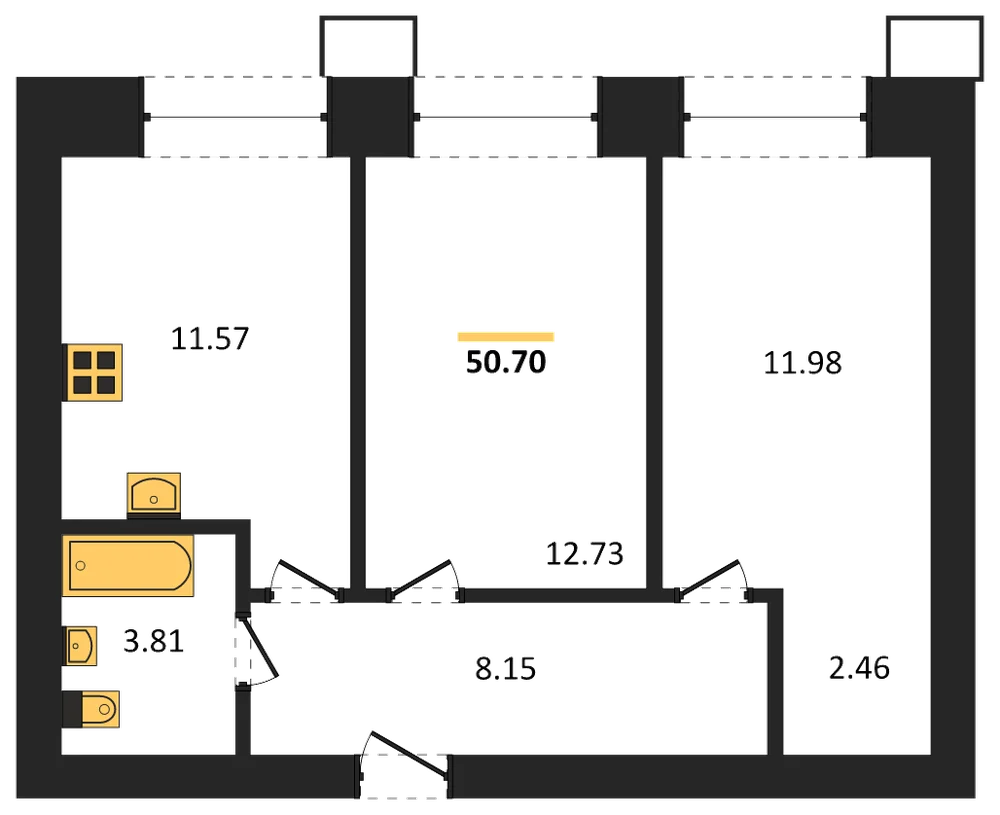 Планировка: 2-комн., 50,7 м²