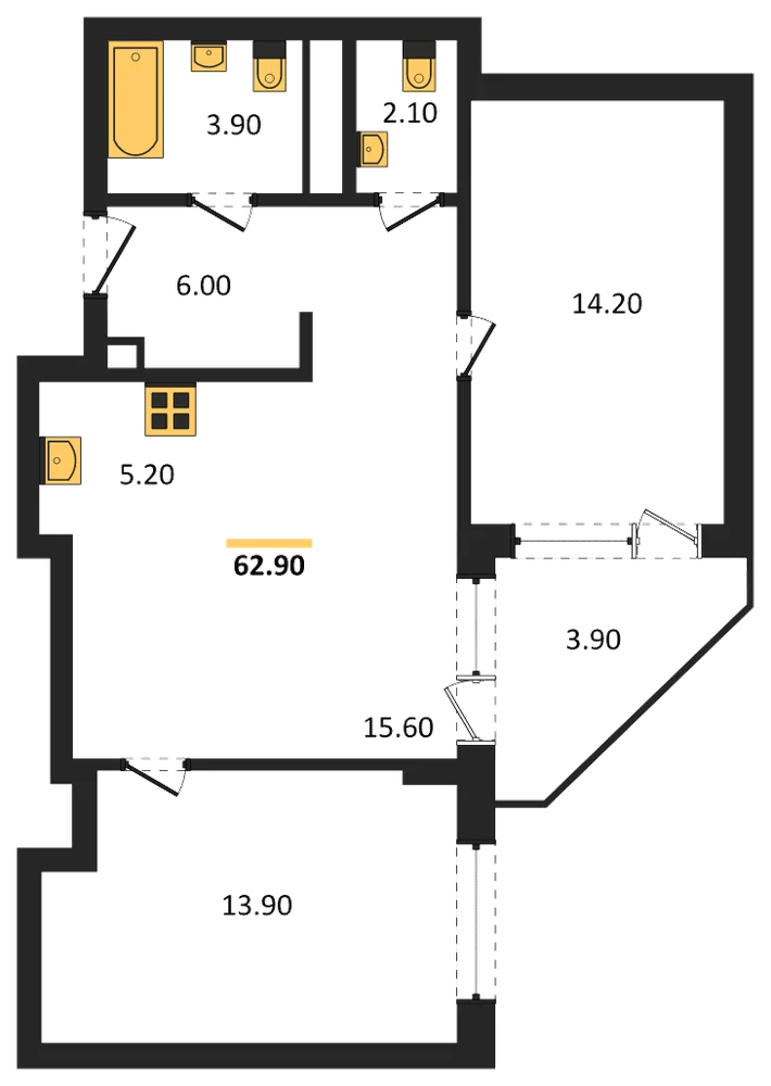 Планировка: 2-комн., 62,9 м²