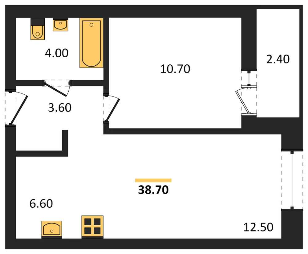 Планировка: 1-комн., 38,7 м²