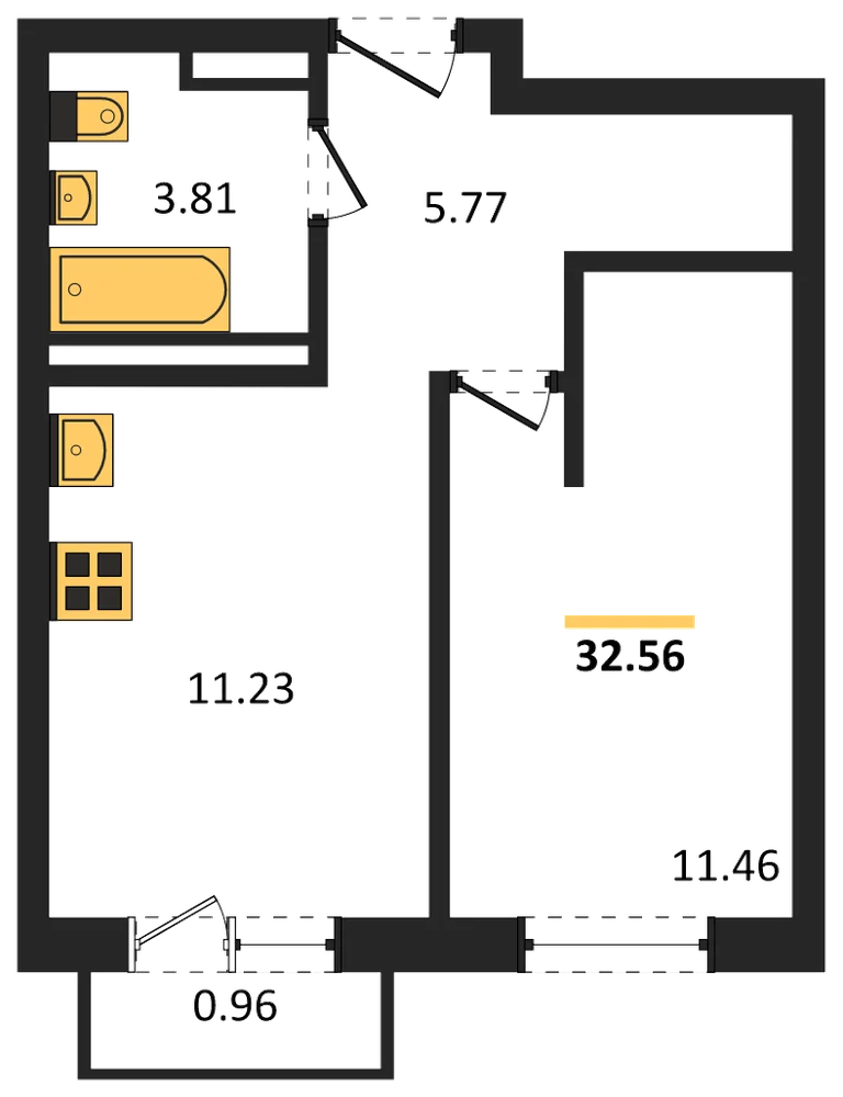 Планировка: 1-комн., 32,6 м²