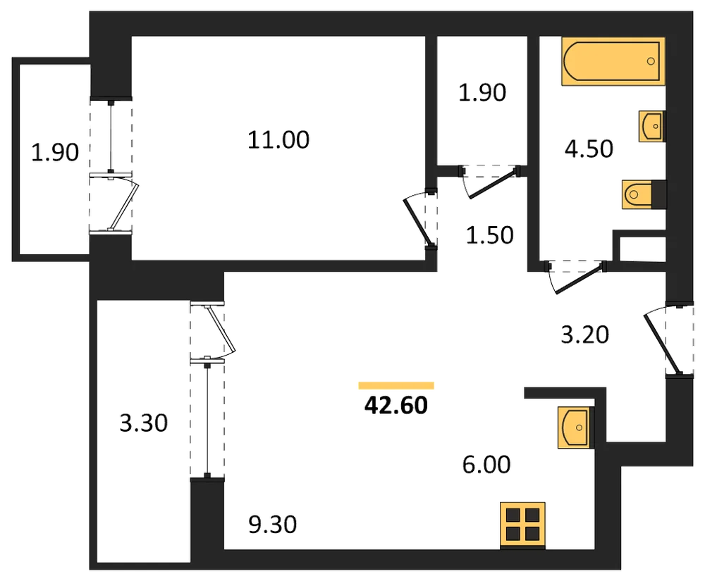 Планировка: 1-комн., 42,6 м²