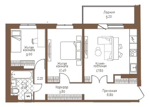 Планировка: 2-комн., 58,5 м²