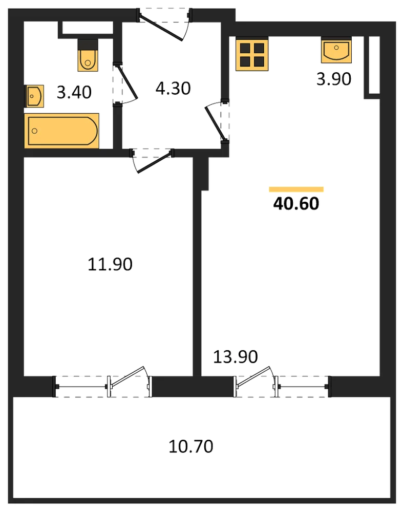 Планировка: 1-комн., 40,6 м²