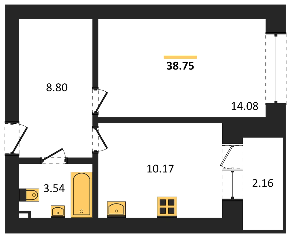 Планировка: 1-комн., 38,8 м²