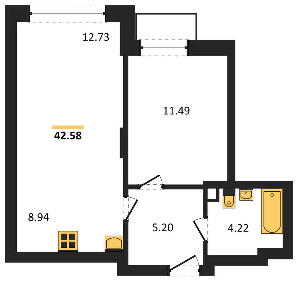 Планировка: 1-комн., 42,6 м²