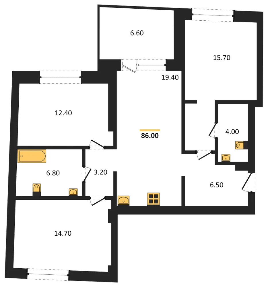 Планировка: 3-комн., 86 м²