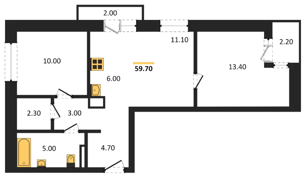 Планировка: 2-комн., 59,7 м²