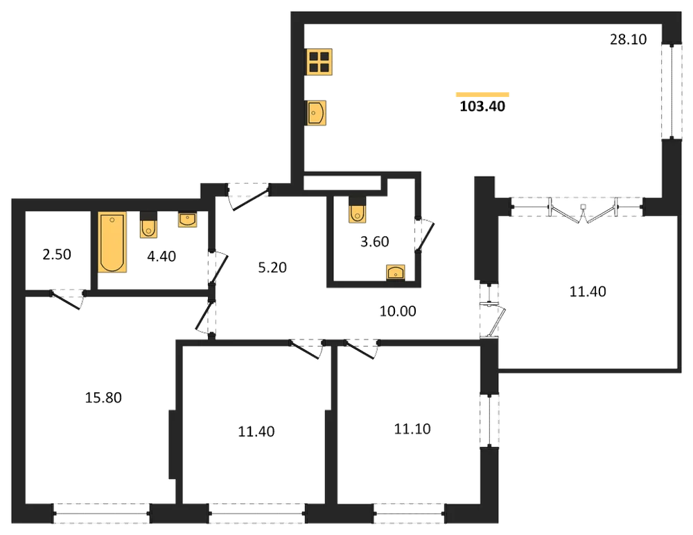 Планировка: 3-комн., 103,4 м²