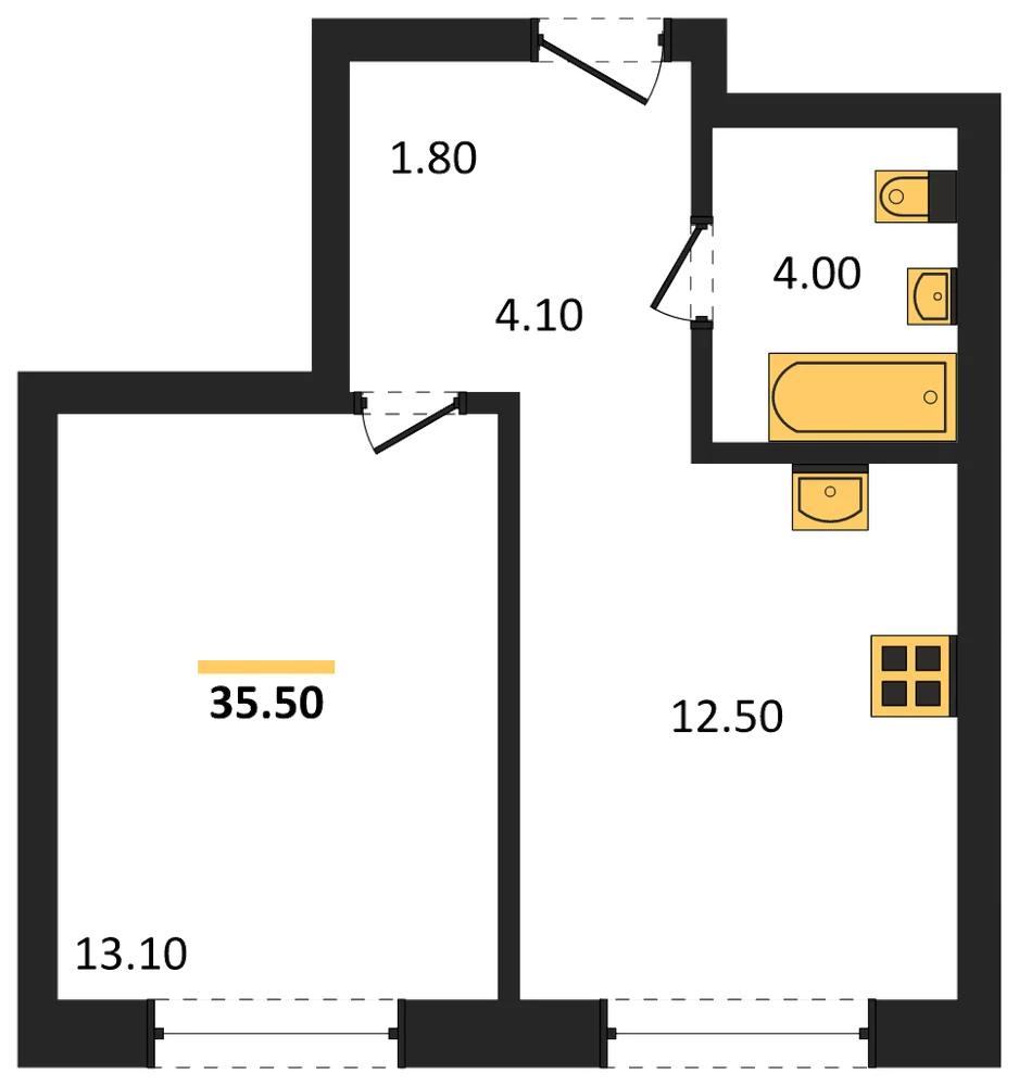 Планировка: 1-комн., 35,5 м²