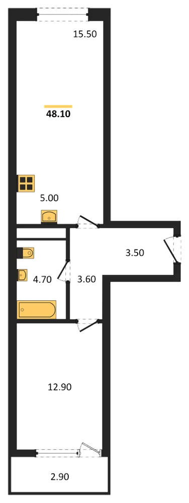 Планировка: 1-комн., 48,1 м²