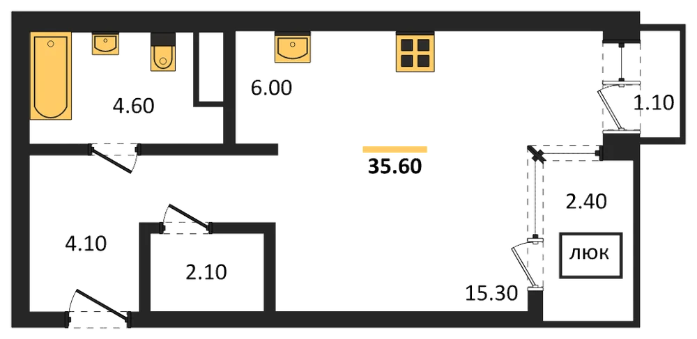 Планировка: Студия, 35,6 м²