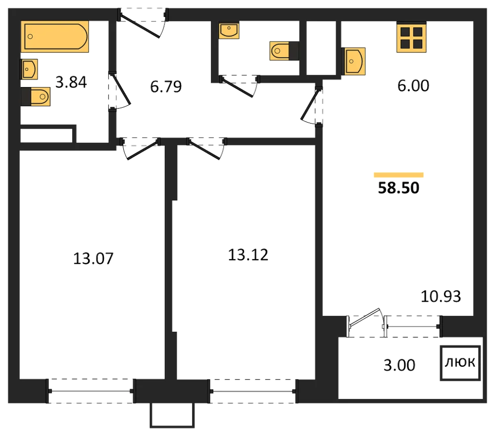 Планировка: 2-комн., 58,5 м²