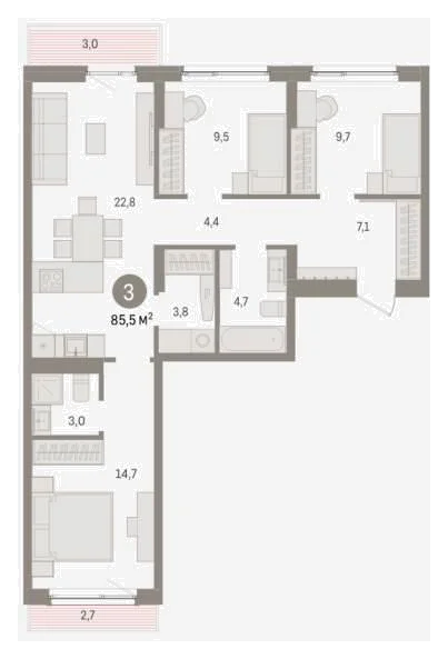 Планировка: 3-комн., 85,5 м²