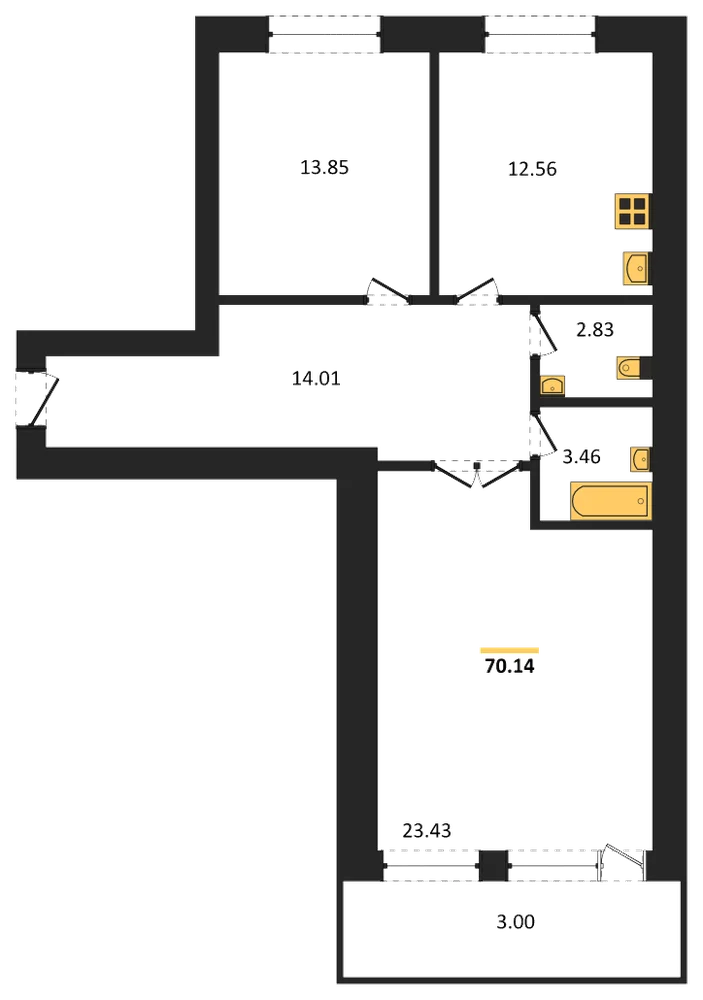 Планировка: 2-комн., 70 м²