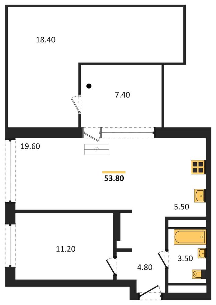 Планировка: 1-комн., 53,8 м²