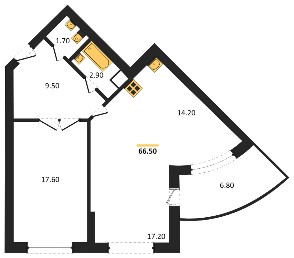 Планировка: 1-комн., 66,6 м²