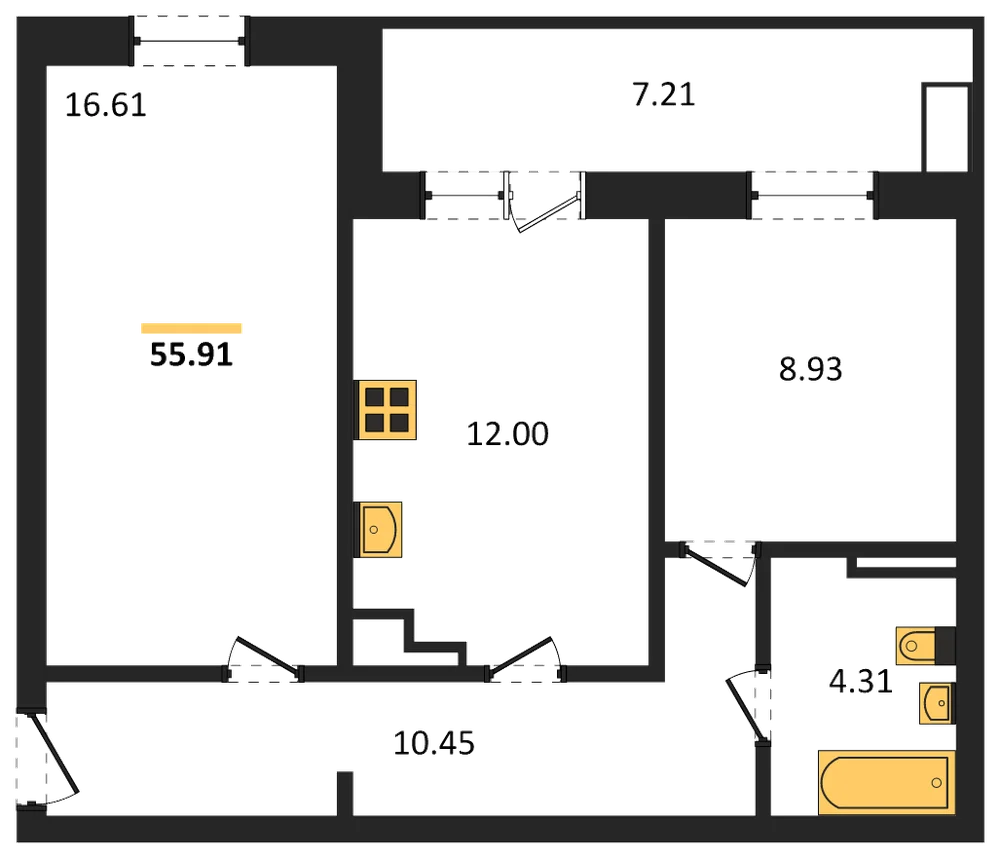 Планировка: 2-комн., 55,9 м²