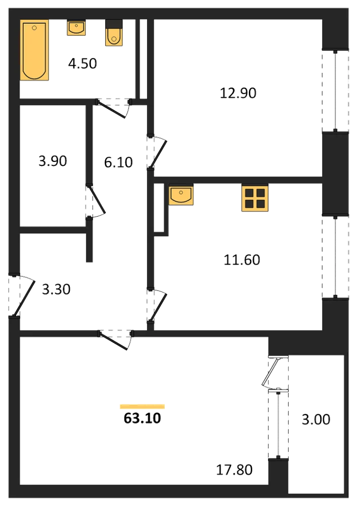 Планировка: 2-комн., 63,1 м²
