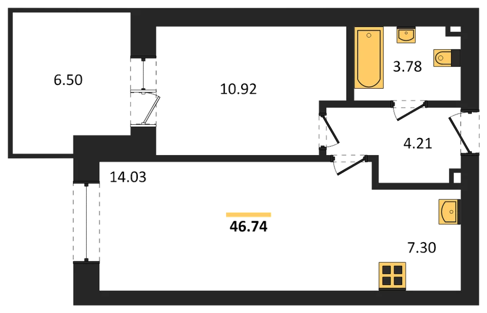 Планировка: 1-комн., 46,7 м²