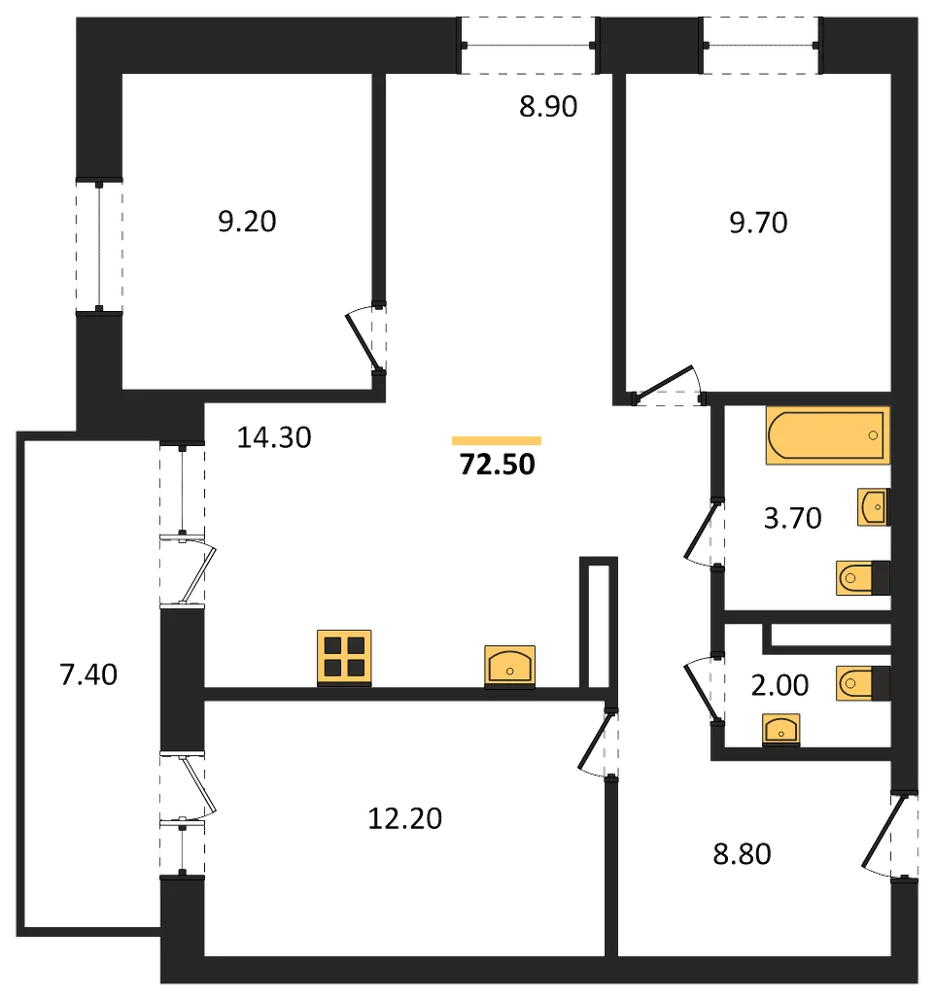 Планировка: 3-комн., 72,5 м²