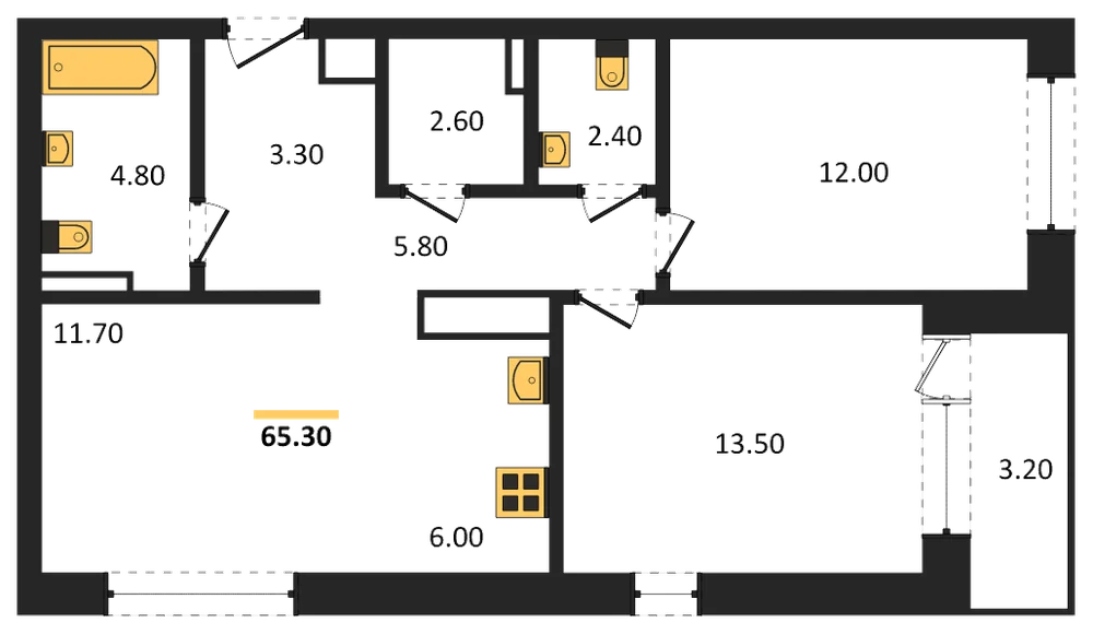 Планировка: 2-комн., 65,3 м²