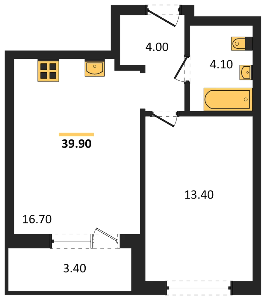 Планировка: 1-комн., 39,9 м²