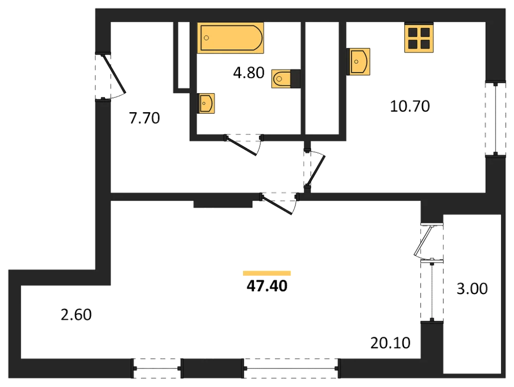 Планировка: 1-комн., 47,4 м²