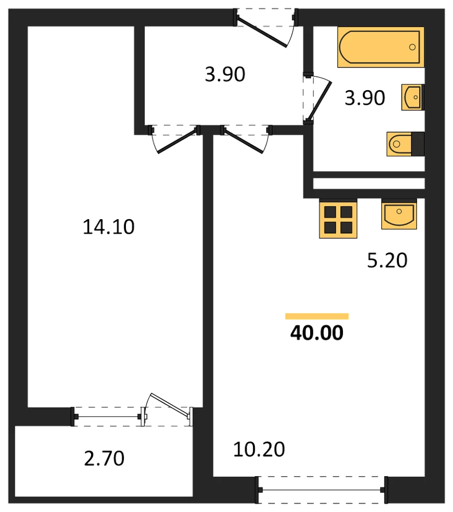 Планировка: 1-комн., 40 м²