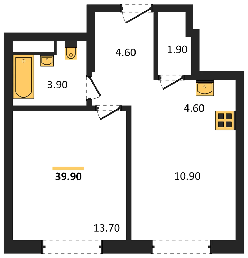Планировка: 1-комн., 39,6 м²