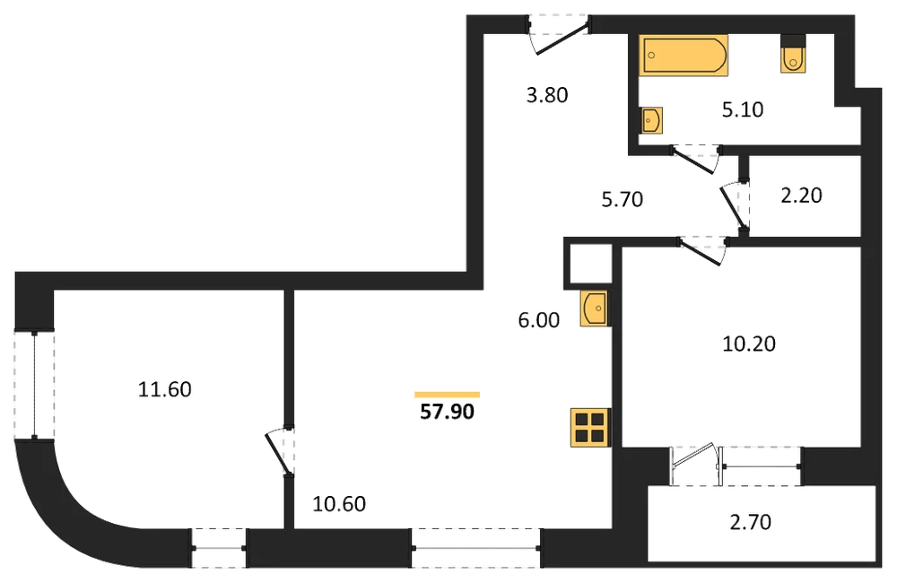 Планировка: 2-комн., 57,9 м²