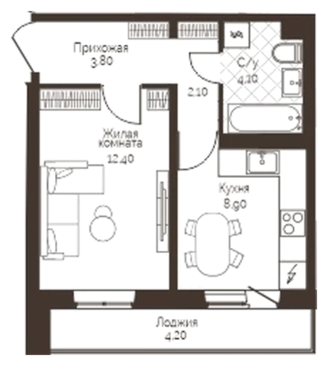 Планировка: 1-комн., 33,4 м²