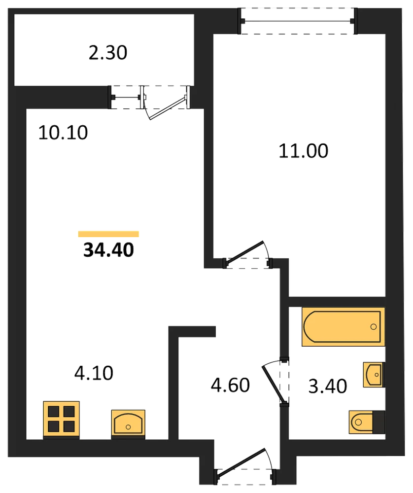 Планировка: 1-комн., 34,4 м²