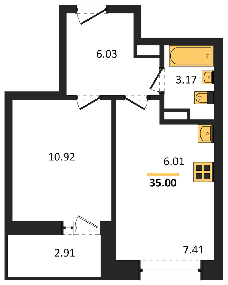 Планировка: 1-комн., 35 м²