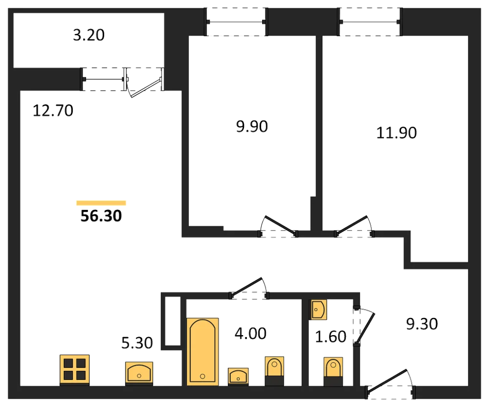 Планировка: 2-комн., 54,2 м²