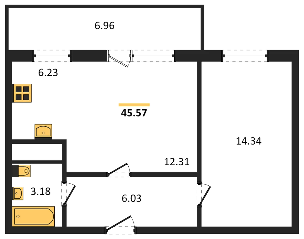 Планировка: 2-комн., 45,6 м²