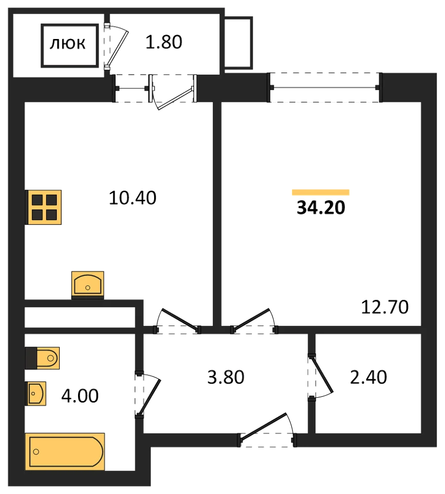 Планировка: 1-комн., 34,2 м²
